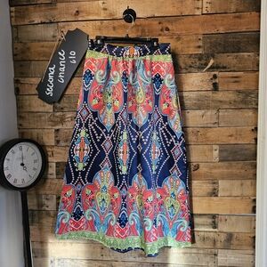 Afibi Women's Maxi Skirt Blue Red Green Tribal Ethnic A-Line Pockets Size L